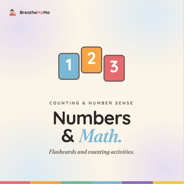 Cover graphic for a children's math flashcard set titled 'Numbers & Math' with the subtitle 'Counting & Number Sense' and the brand name BreatheMoMa. The design shows three colorful numbered blocks (blue 1, orange 2, red 3) above black and blue text on a soft pastel gradient background.